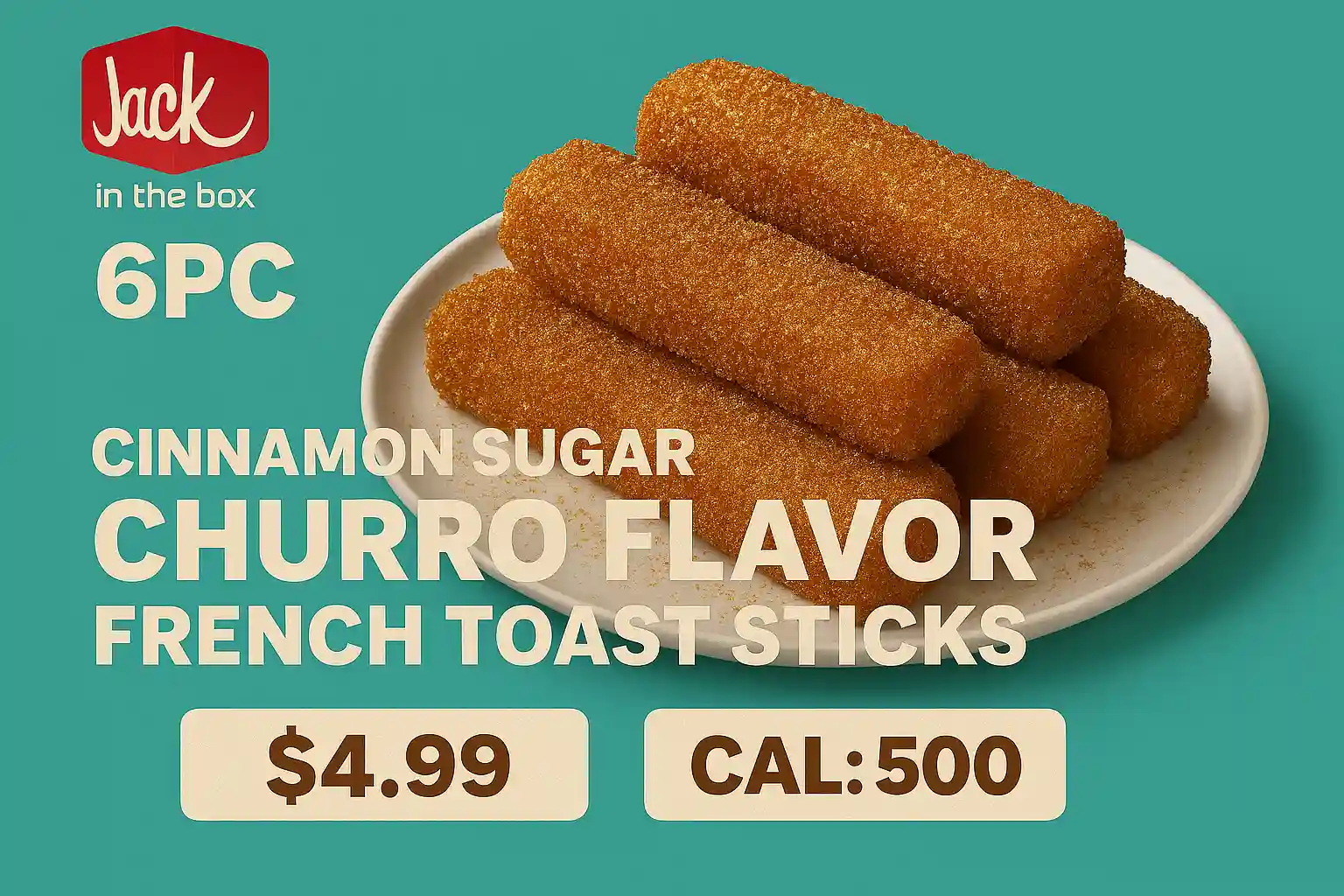  6pc Cinnamon Sugar Churro Flavor French Toast Sticks Jack in the box
